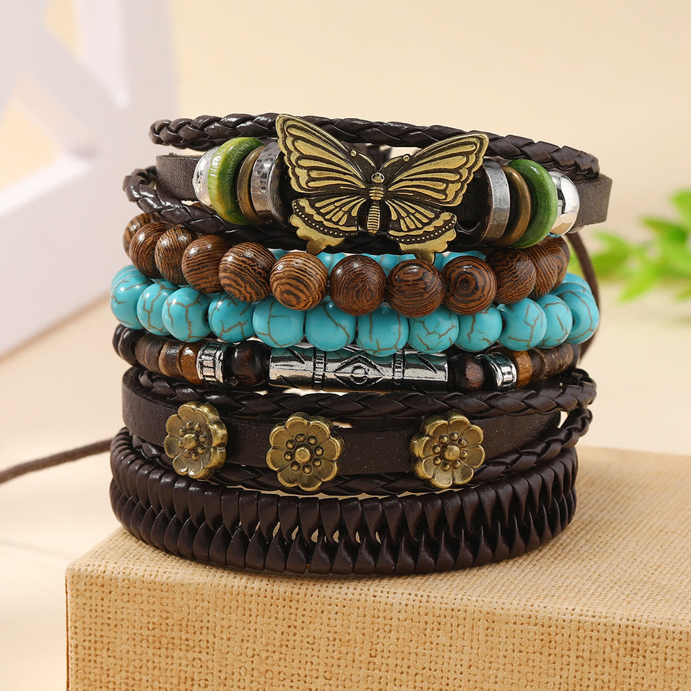 Olivenorma Schmetterling Türkis Handgefertigtes gewebtes Lederarmband-Set