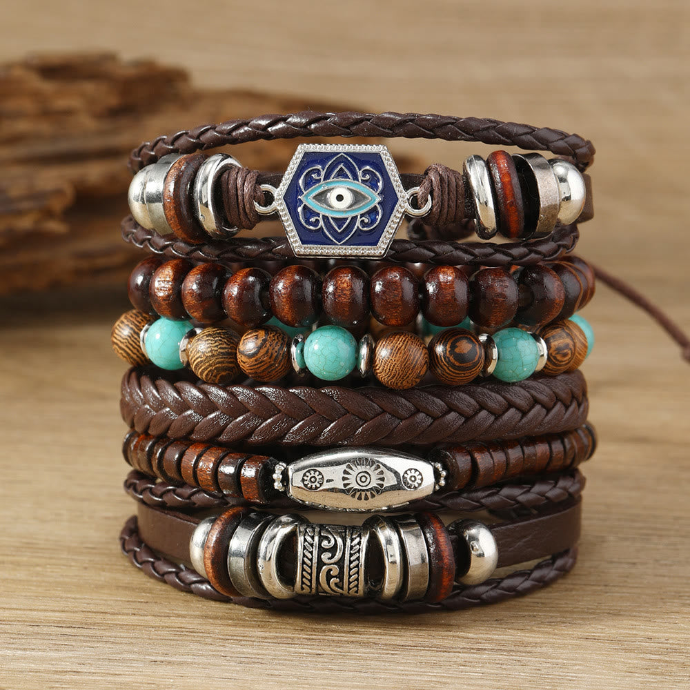 Olivenorma Mehrschichtiges türkisches Lederarmband-Set mit Edelsteinen für den bösen Blick