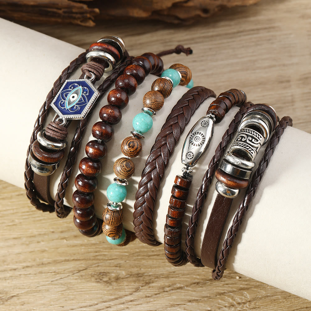 Olivenorma Mehrschichtiges türkisches Lederarmband-Set mit Edelsteinen für den bösen Blick