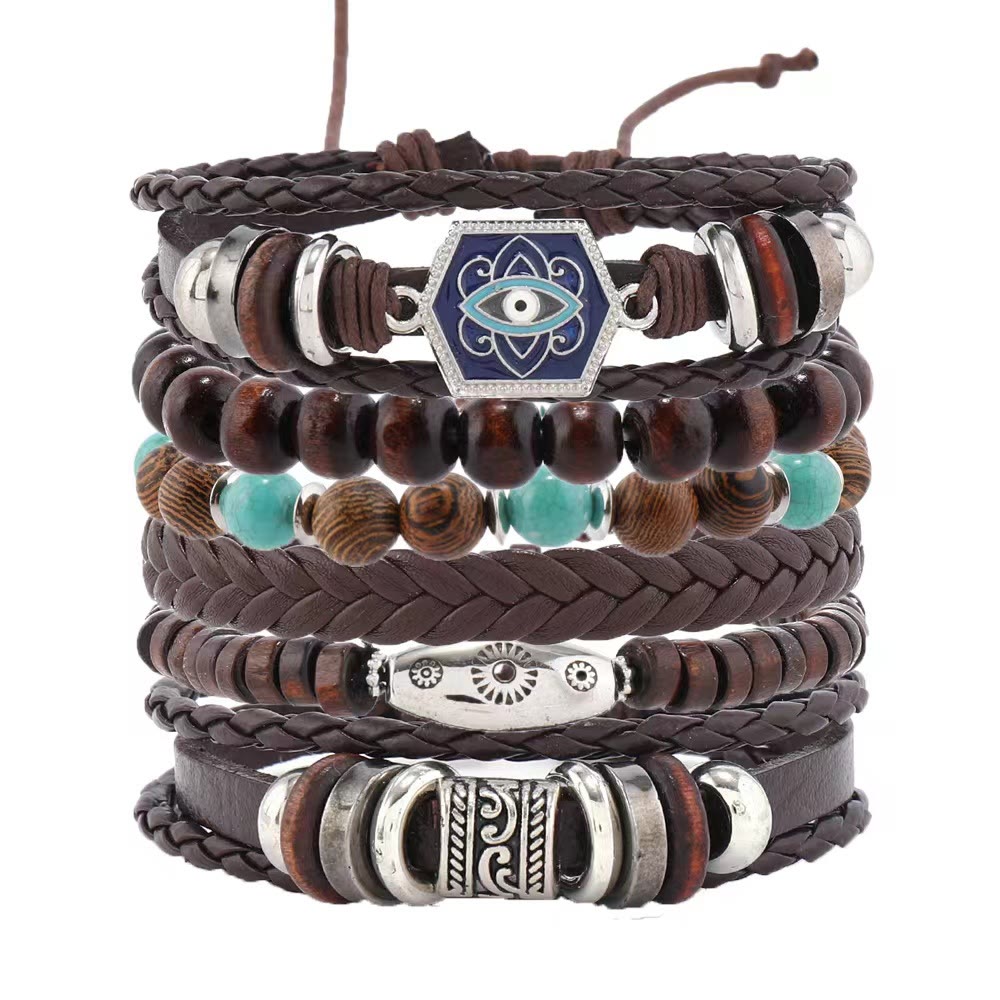 Olivenorma Mehrschichtiges türkisches Lederarmband-Set mit Edelsteinen für den bösen Blick