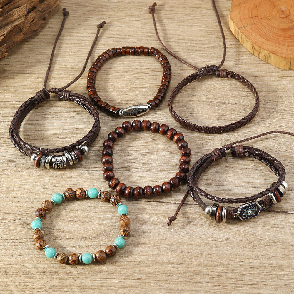 Olivenorma Mehrschichtiges türkisches Lederarmband-Set mit Edelsteinen für den bösen Blick