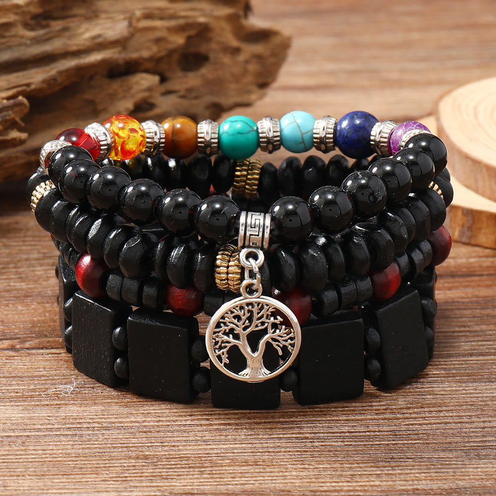 Olivenorma Baum des Friedens 7 Chakra Edelstein 4-teiliges Armband-Set