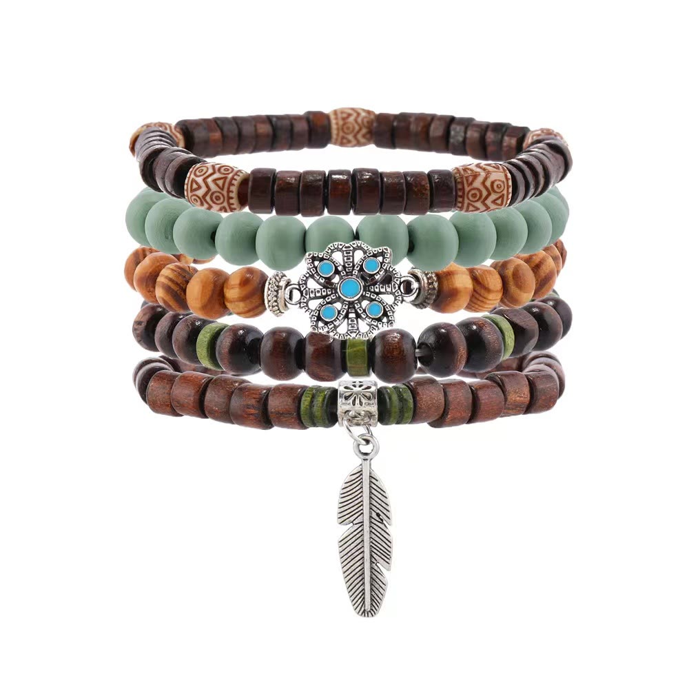 Olivenorma Bohemian Feder Charms Holzperlen Stapelbare Armbänder