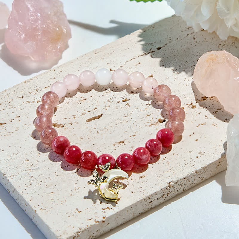 Olivenorma Armband mit Mondanhänger aus natürlichen rosa Kristallperlen