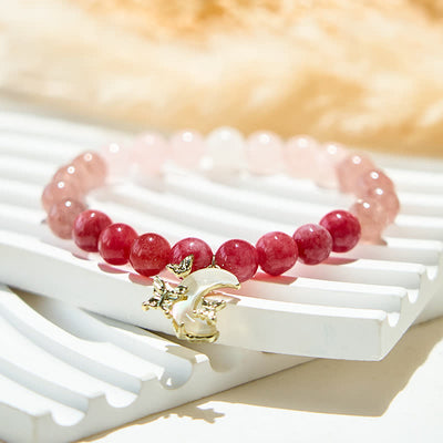 Olivenorma Armband mit Mondanhänger aus natürlichen rosa Kristallperlen