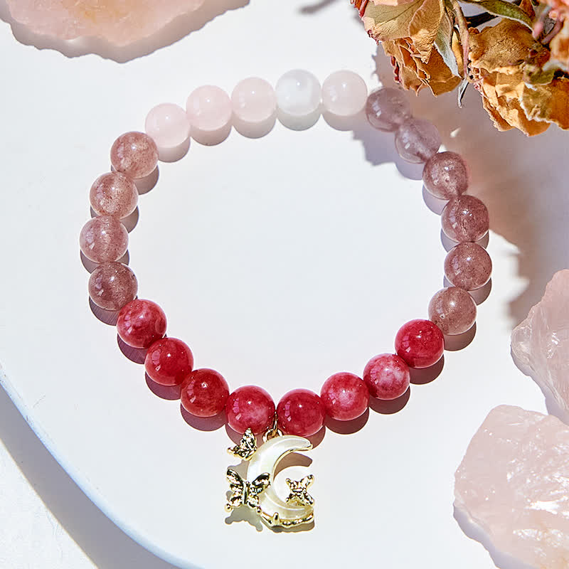 Olivenorma Armband mit Mondanhänger aus natürlichen rosa Kristallperlen