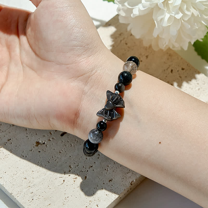 Olivenorma Armband mit Schleife und Natur-Obsidianperlen