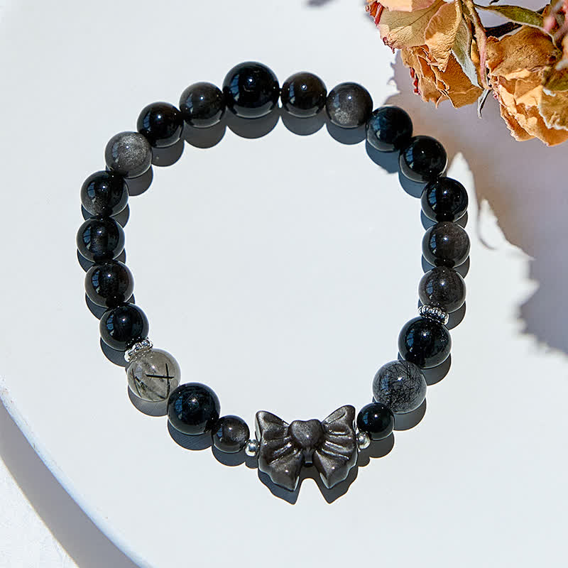 Olivenorma Armband mit Schleife und Natur-Obsidianperlen