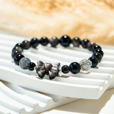 Olivenorma Armband mit Schleife und Natur-Obsidianperlen