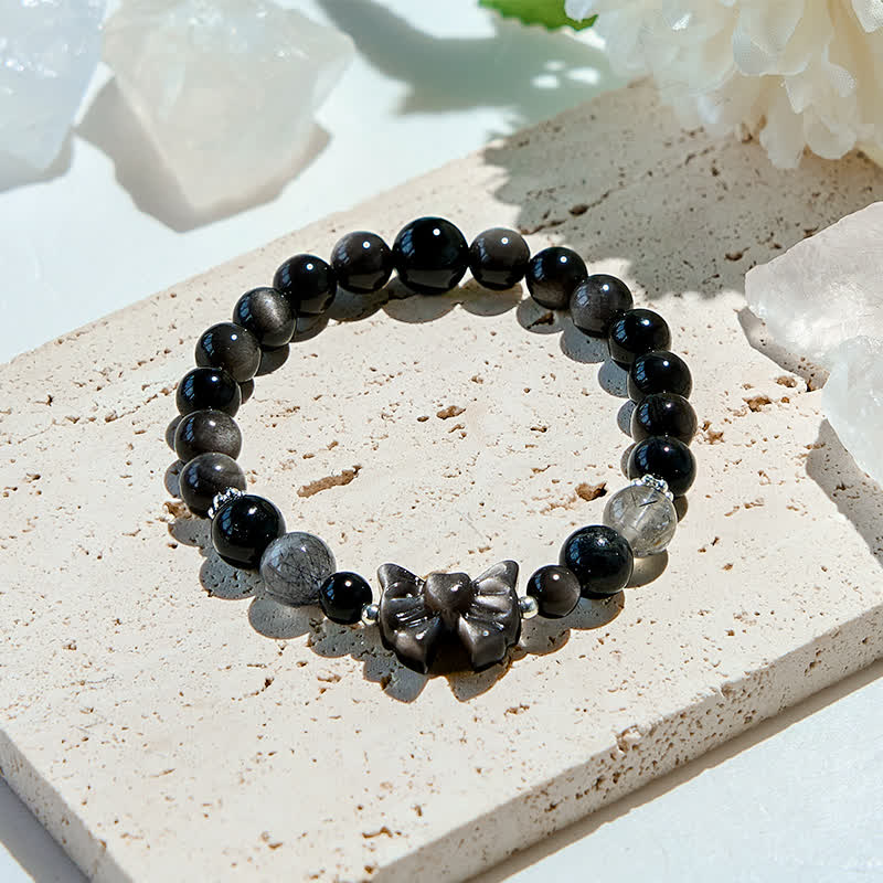 Olivenorma Armband mit Schleife und Natur-Obsidianperlen