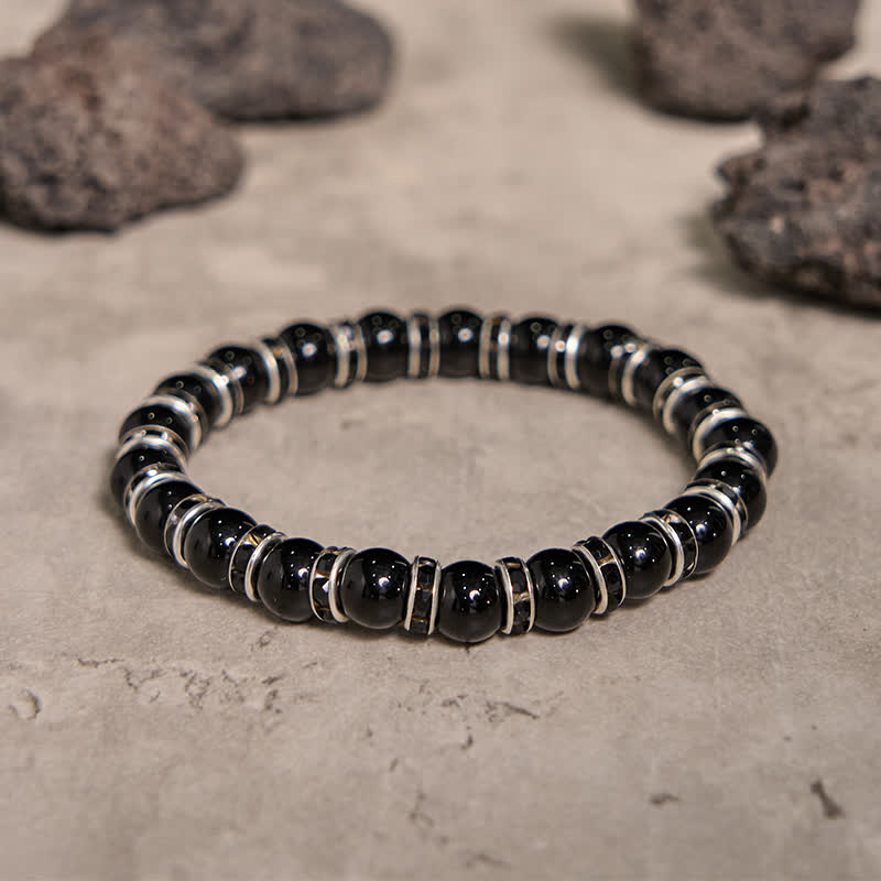 Olivenorma Armband mit Perlen aus natürlichem schwarzem Onyx und weißem Zirkon