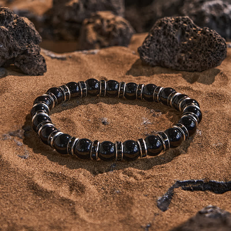 Olivenorma Armband mit Perlen aus natürlichem schwarzem Onyx und weißem Zirkon