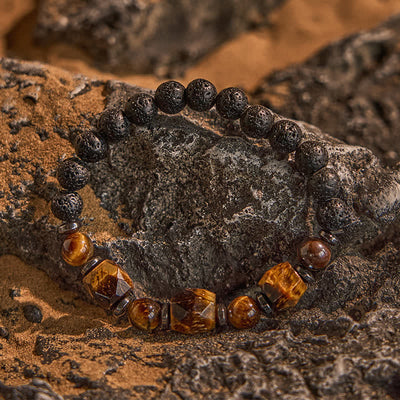 Olivenorma Armband mit facettierten Tigeraugen-Lavasteinperlen