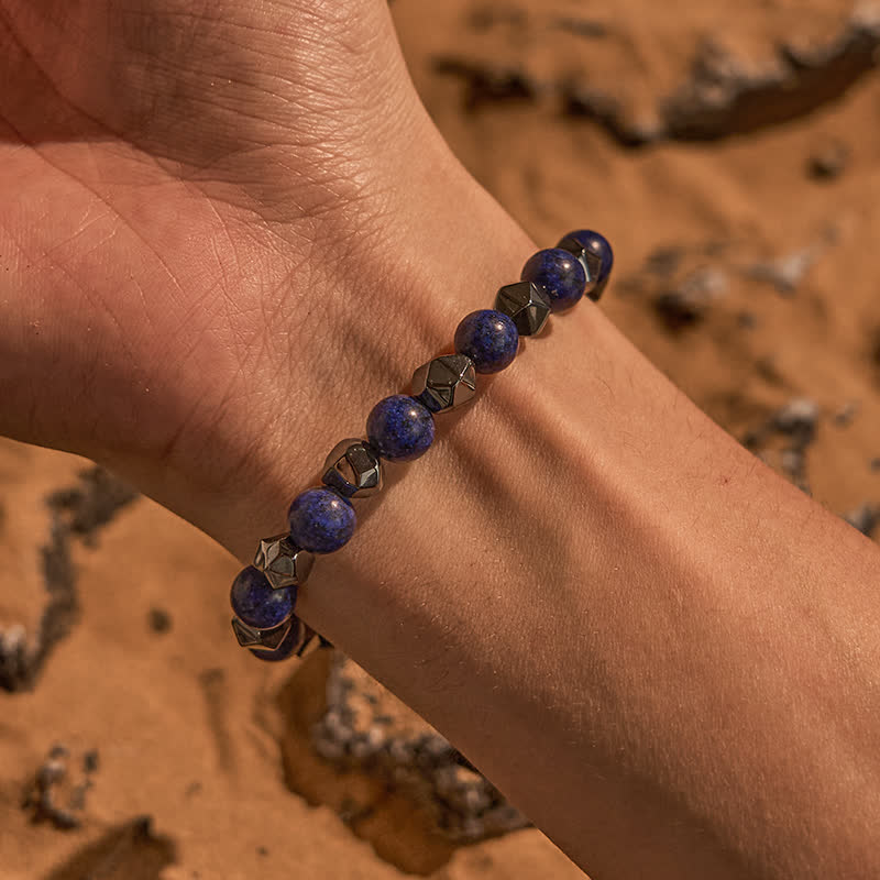 Olivenorma Armband mit Perlen aus natürlichem Hämatit und Lapislazuli 