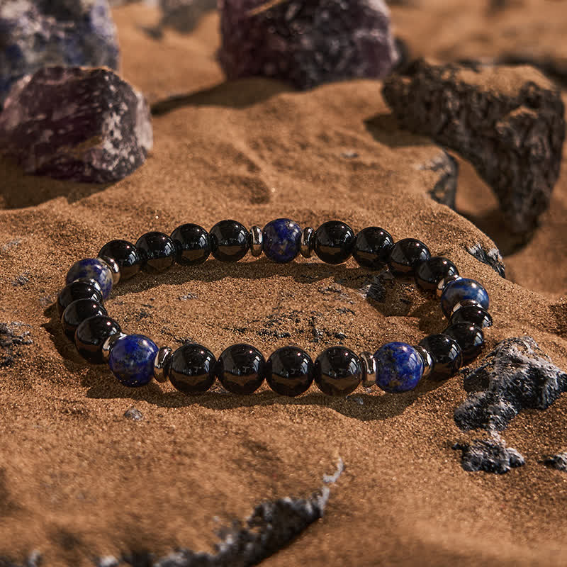 Olivenorma Armband mit Perlen aus natürlichem schwarzem Onyx und Lapislazuli