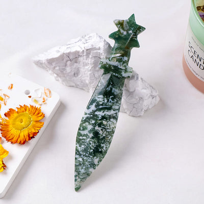 Olivenorma Dolch mit Gravur, Dekoration aus natürlichem Edelstein  - Moosachat - image 7