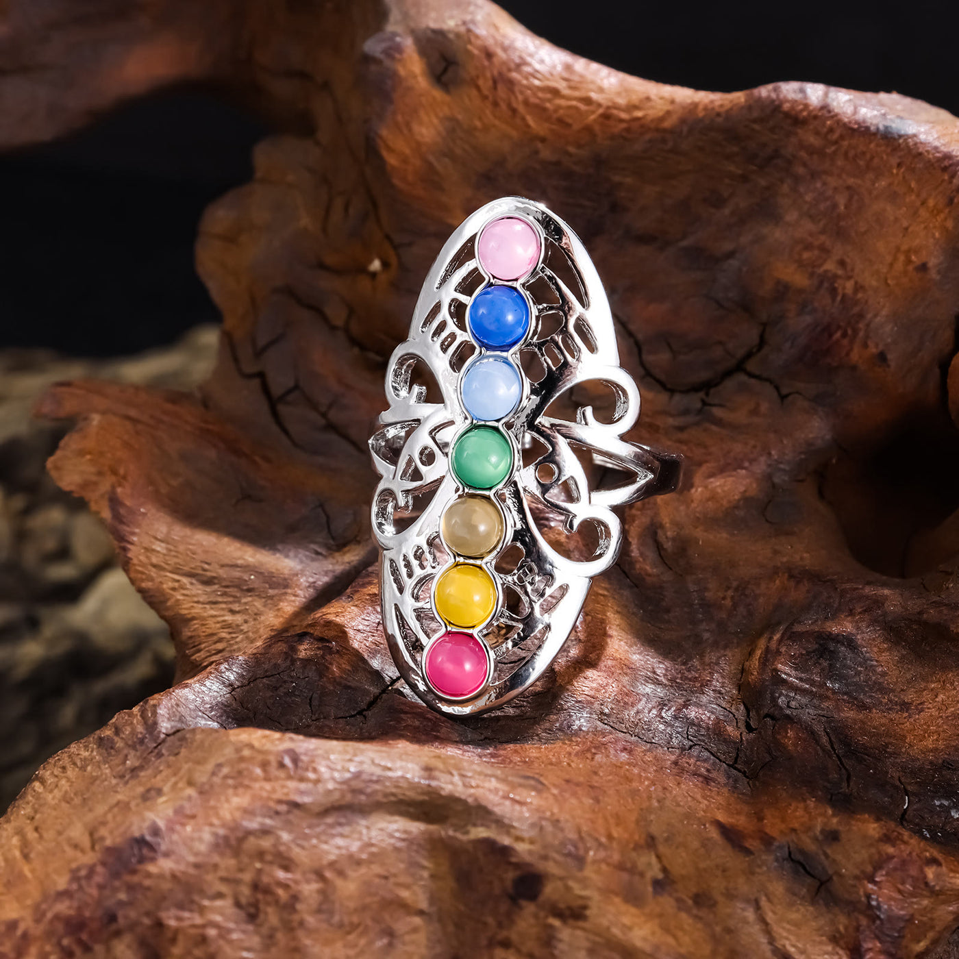 Olivenorma 7 Chakra Kristall Hohl verstellbarer Ring