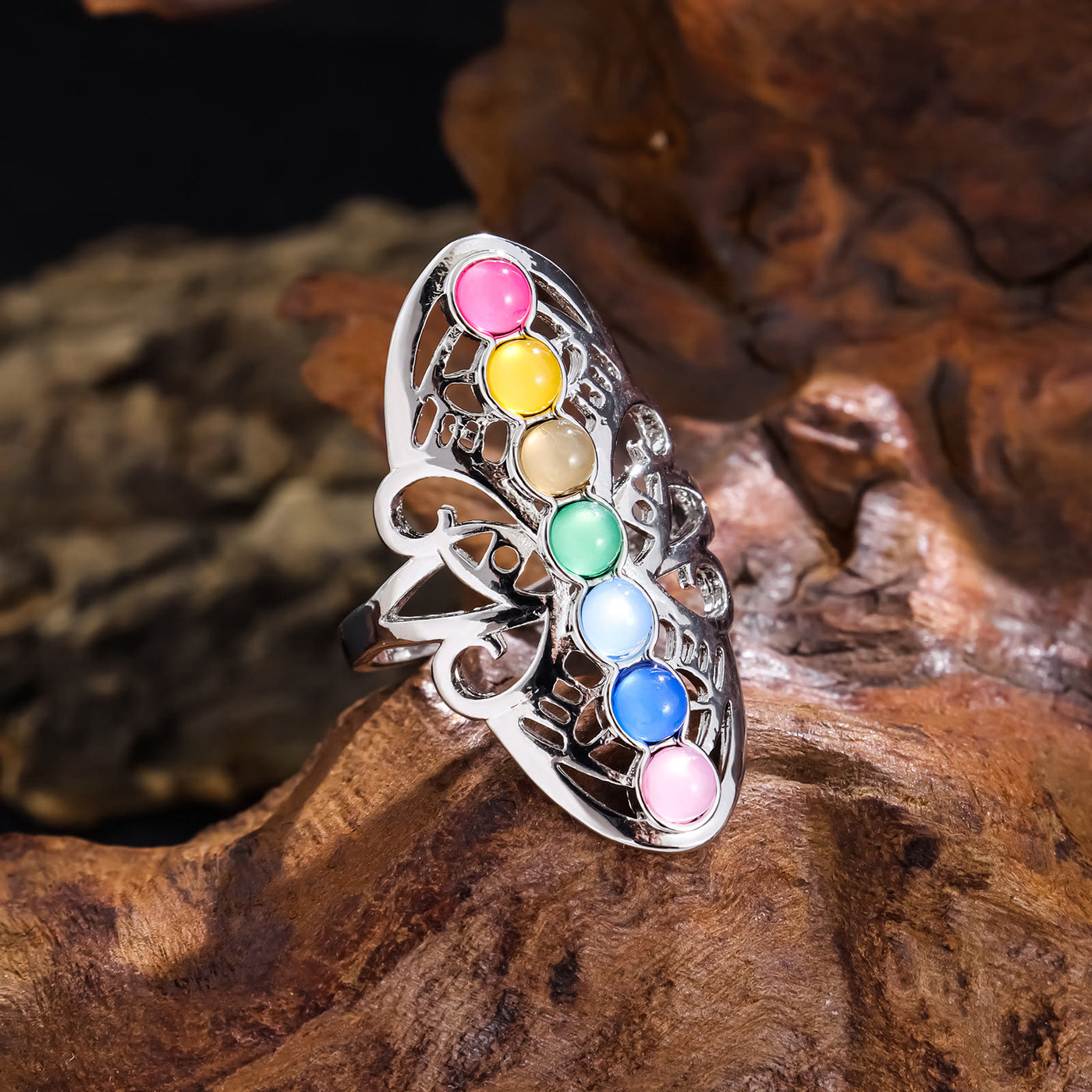 Olivenorma 7 Chakra Kristall Hohl verstellbarer Ring