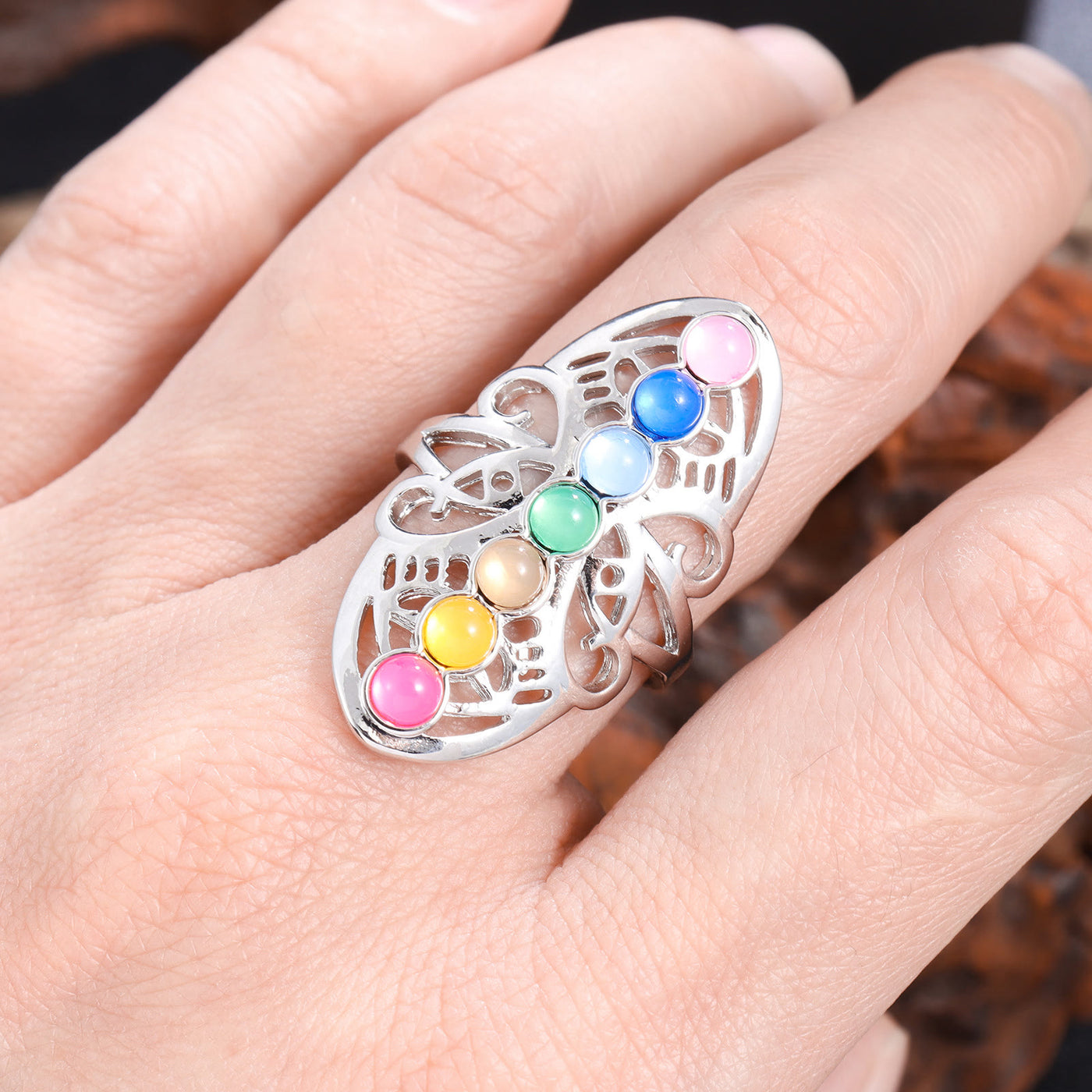 Olivenorma 7 Chakra Kristall Hohl verstellbarer Ring