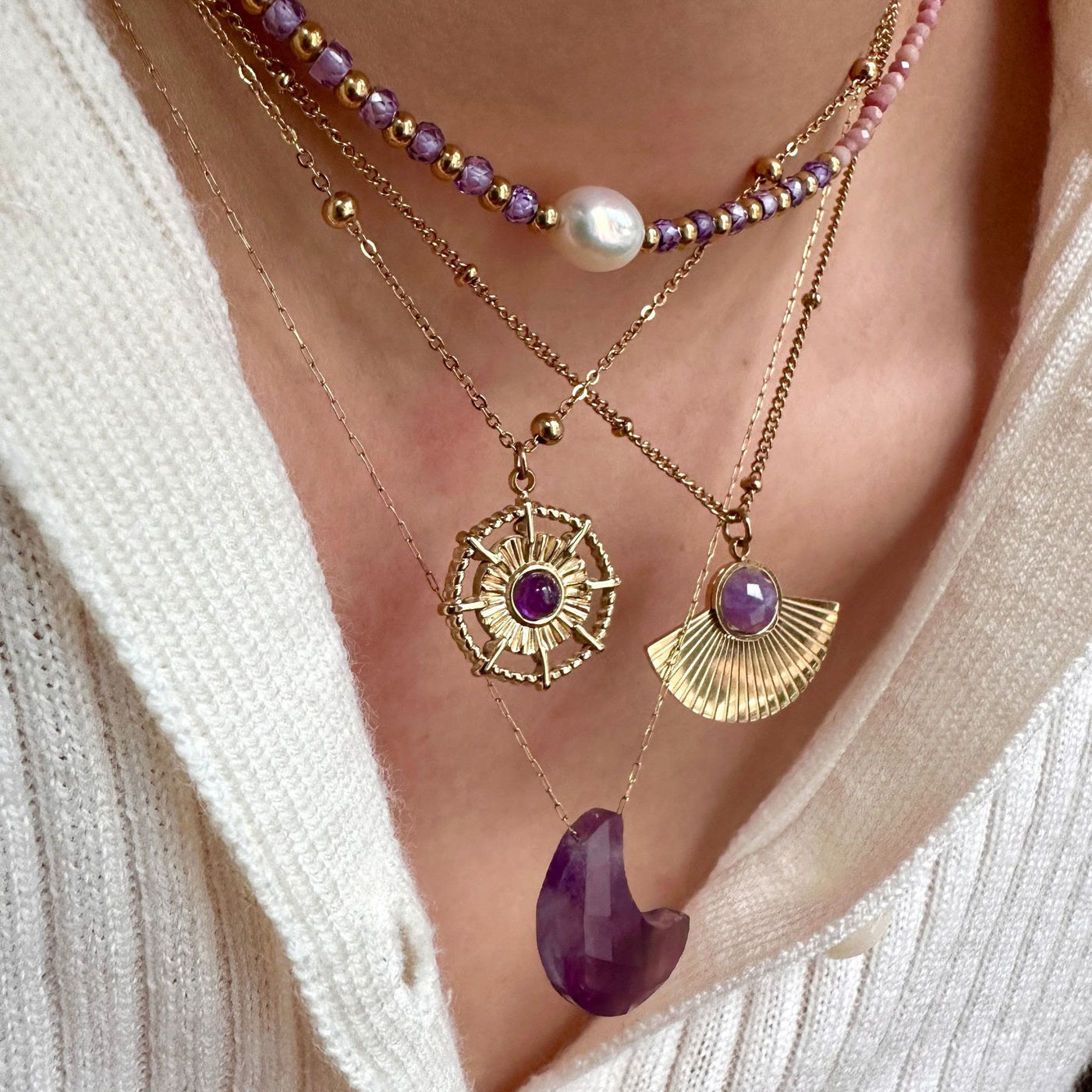 Olivenorma Halskette mit natürlichem Amethyst, 14 Karat vergoldet