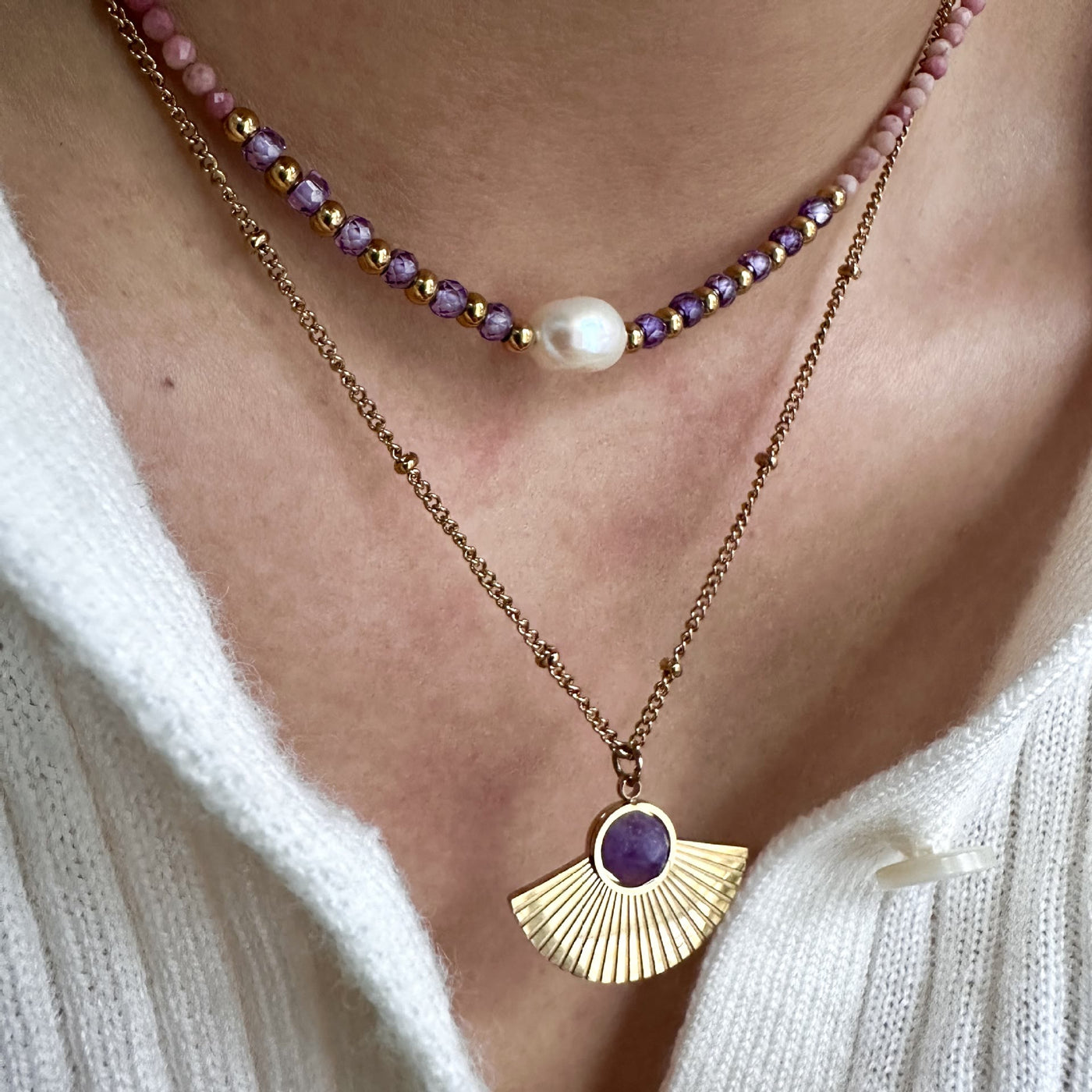 Olivenorma Halskette mit natürlichem Amethyst, 14 Karat vergoldet