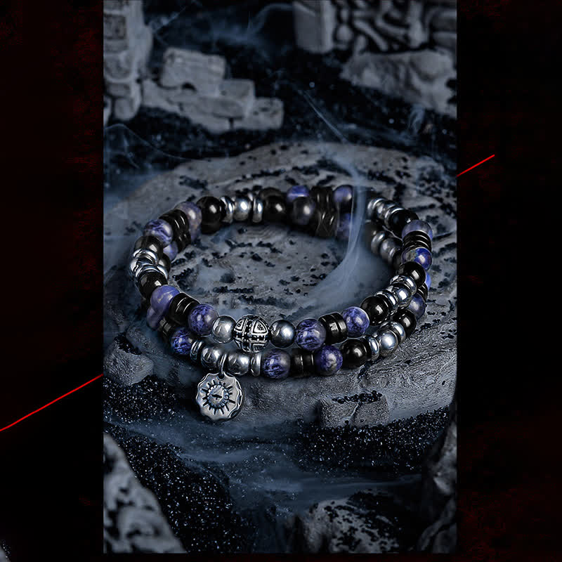 Olivenorma „Dark Ray“ Hämatit-Obsidian-Sodalith-Perlenarmband