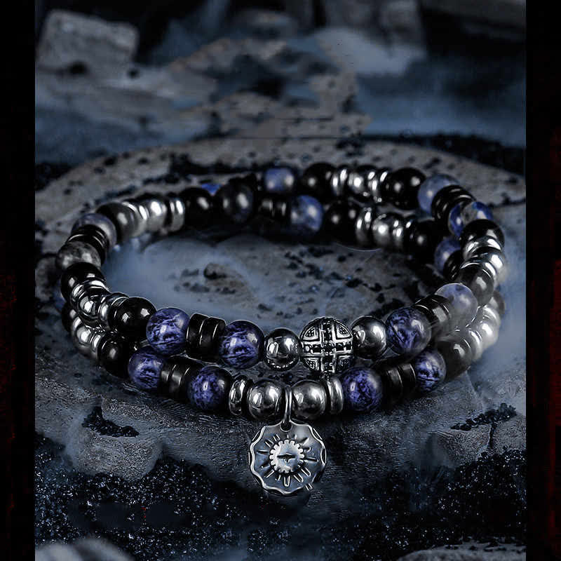 Olivenorma „Dark Ray“ Hämatit-Obsidian-Sodalith-Perlenarmband