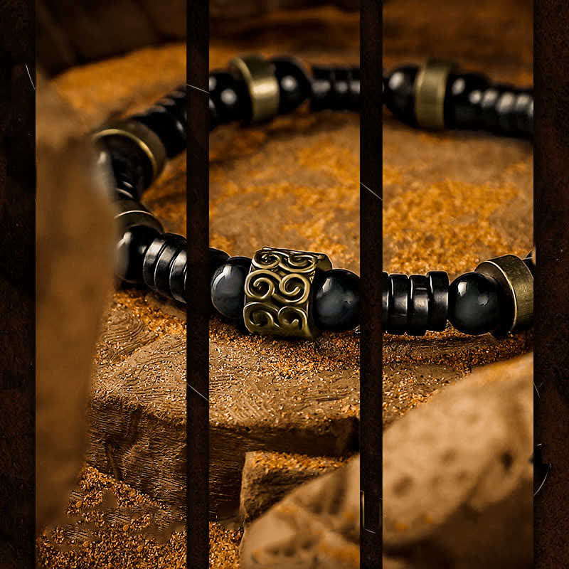 Olivenorma Silbernes Perlenarmband aus Obsidian und Kokosnussschale