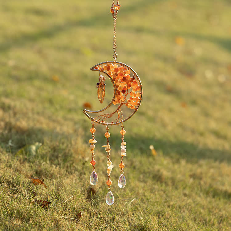 Olivenorma Windspiel mit roten Achatperlen, Lebensbaum und Mond