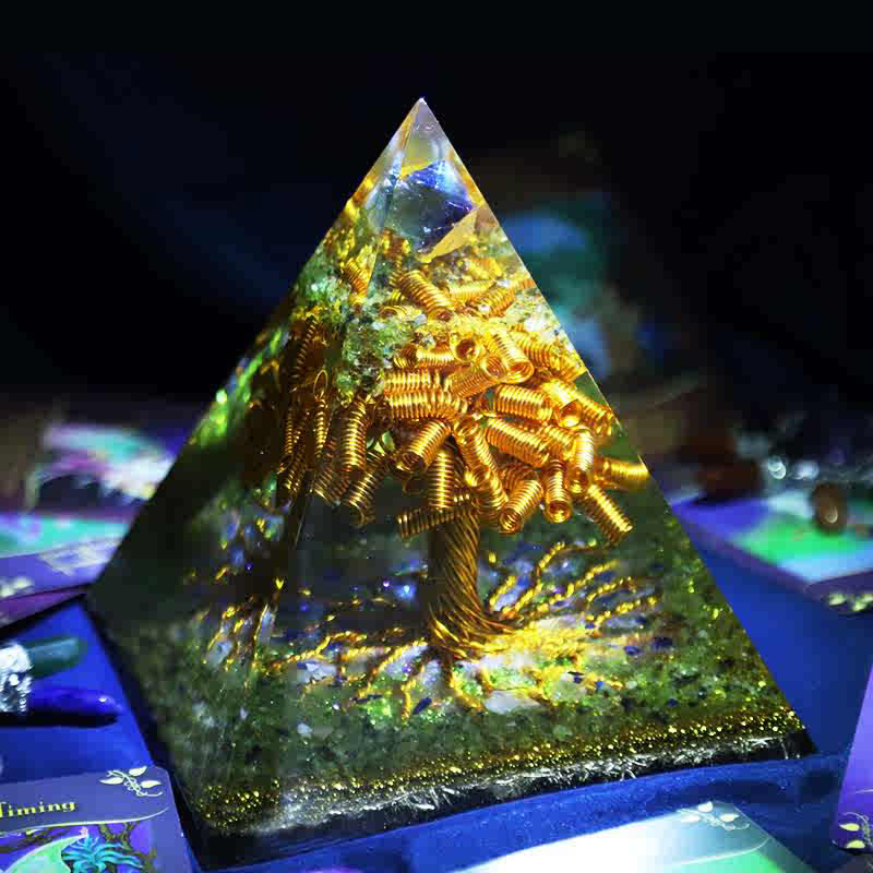 Olivenorma Fluorit Peridot Gold Kupferdraht Baum Orgon-Pyramide