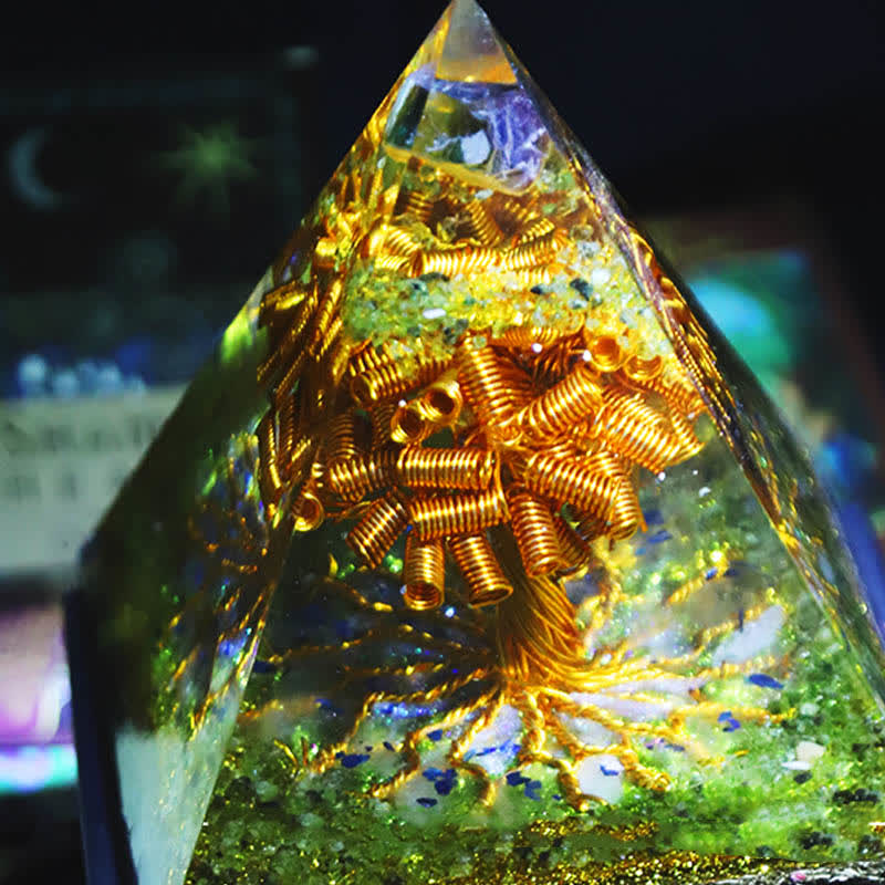 Olivenorma Fluorit Peridot Gold Kupferdraht Baum Orgon-Pyramide