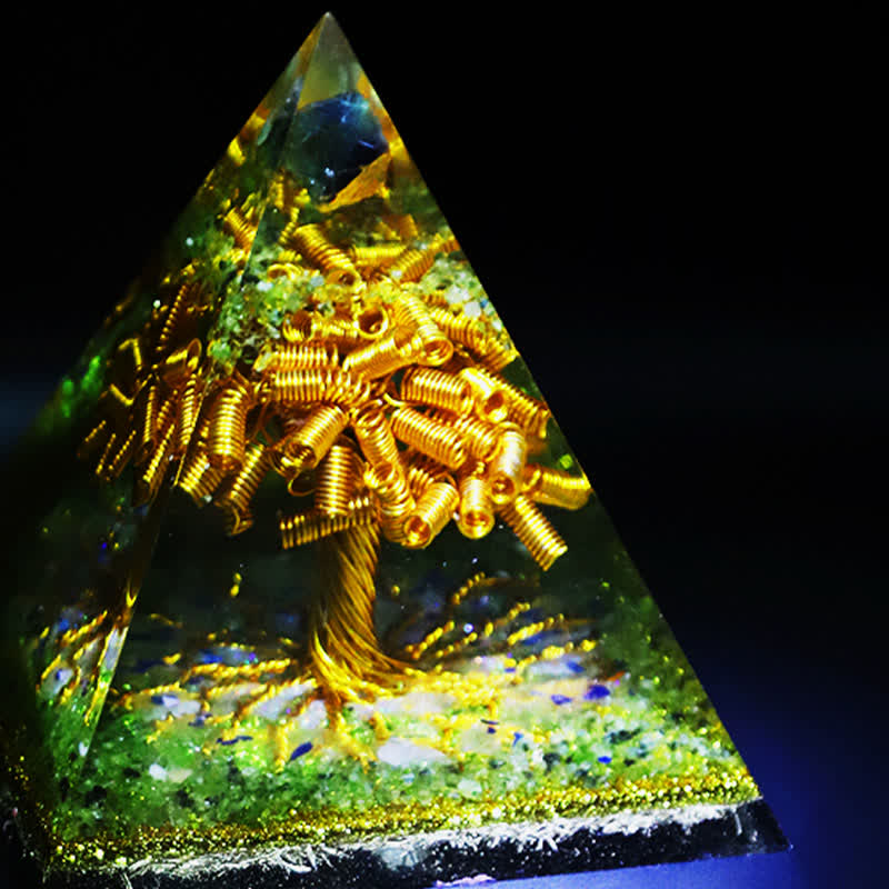 Olivenorma Fluorit Peridot Gold Kupferdraht Baum Orgon-Pyramide