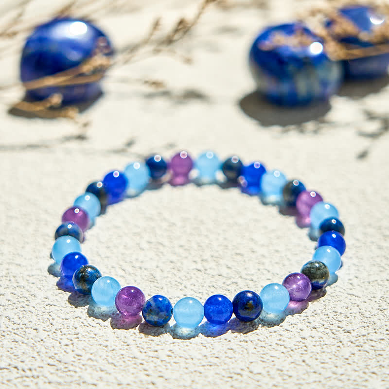 Olivenorma Armband mit Perlen aus natürlichem Amethyst, Aquamarin und Lapislazuli