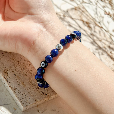 Olivenorma Armband mit Perlen und natürlichem Lapislazuli und bösem Blick