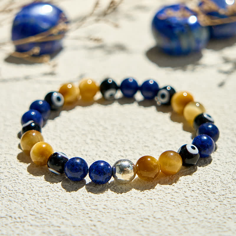 Olivenorma Lapislazuli Tigerauge Böser Blick Perlenarmband