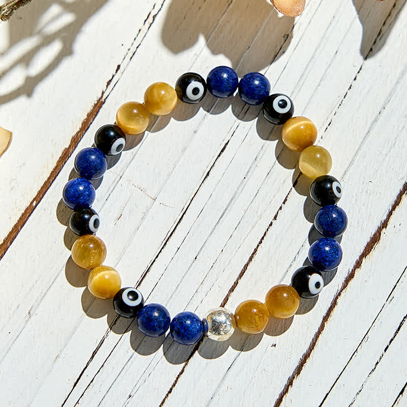 Olivenorma Lapislazuli Tigerauge Böser Blick Perlenarmband