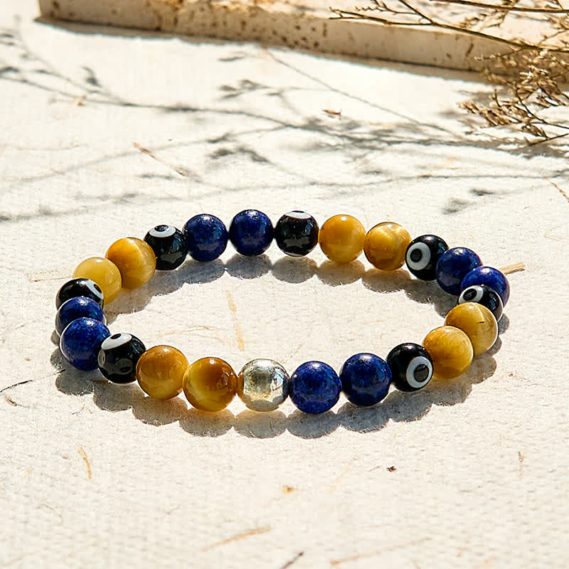 Olivenorma Lapislazuli Tigerauge Böser Blick Perlenarmband