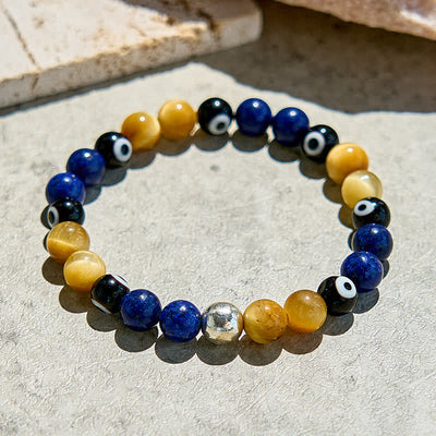 Olivenorma Lapislazuli Tigerauge Böser Blick Perlenarmband