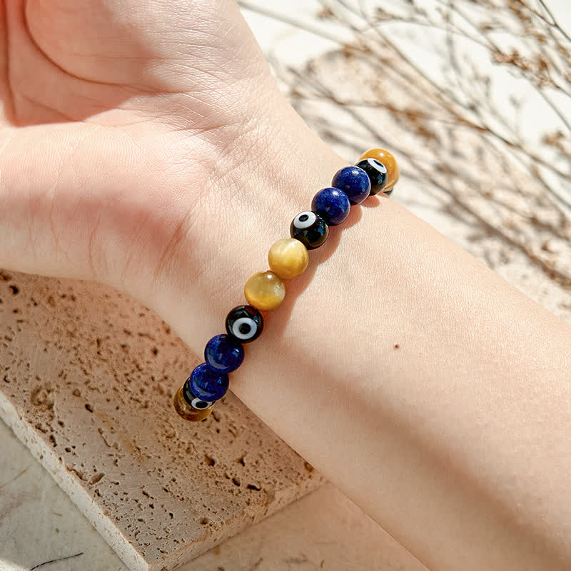 Olivenorma Lapislazuli Tigerauge Böser Blick Perlenarmband