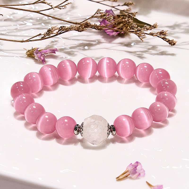 Olivenorma Glitzerndes Perlenarmband mit Katzenaugenstein in Rosa