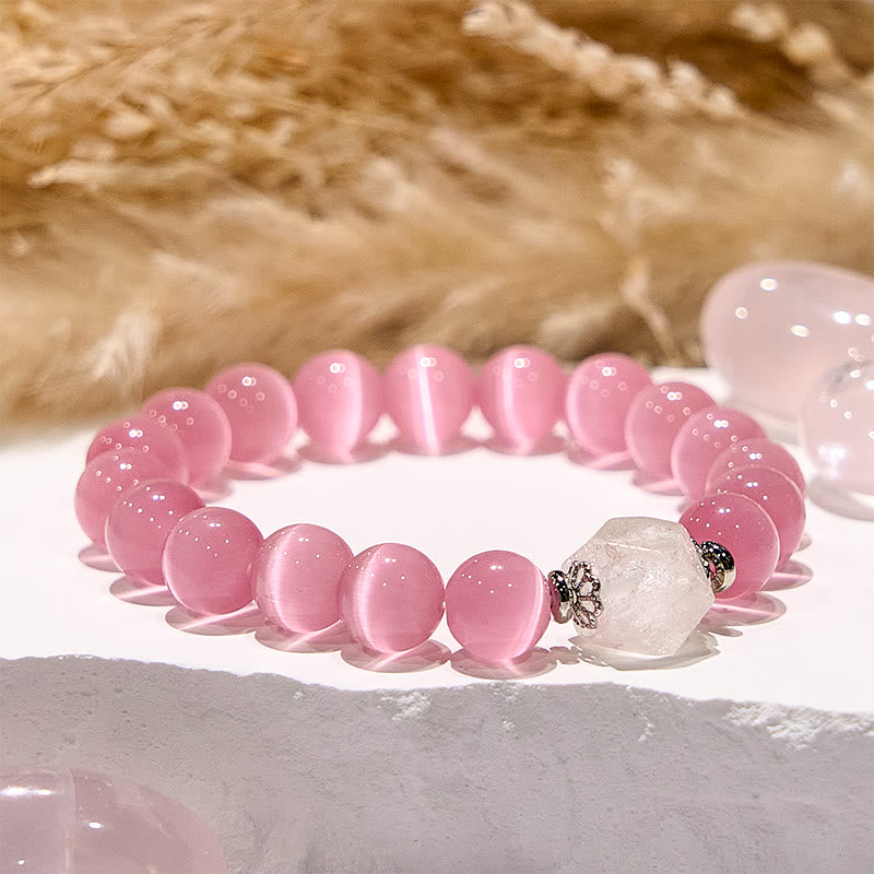 Olivenorma Glitzerndes Perlenarmband mit Katzenaugenstein in Rosa 