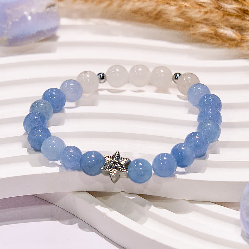 Olivenorma Armband mit Perlen und natürlichem Aquamarin und Schneeflocken