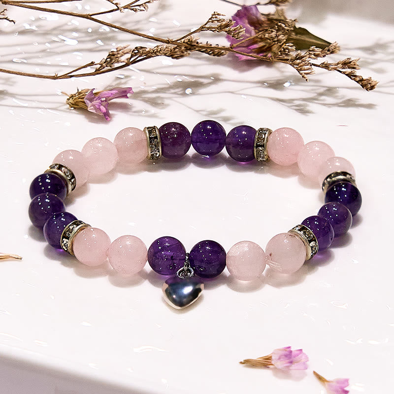 Olivenorma Amethyst Rosenquarz Herz Charm Perlenarmband