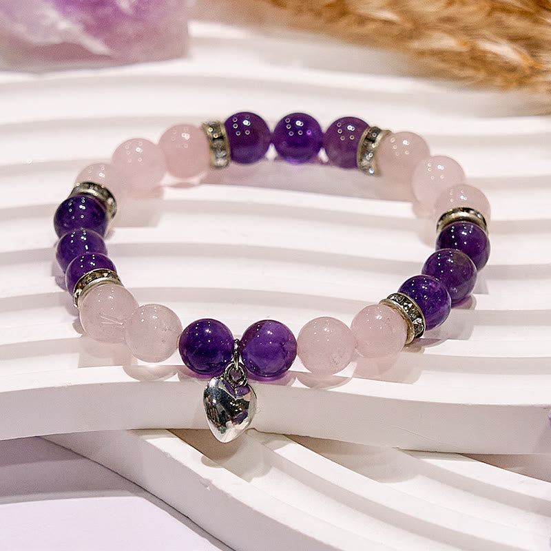 Olivenorma Amethyst Rosenquarz Herz Charm Perlenarmband