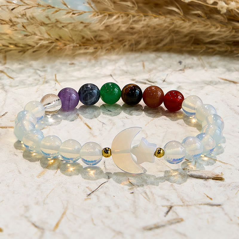 Olivenorma Opal Chakra Mond und Stern Perlenarmband