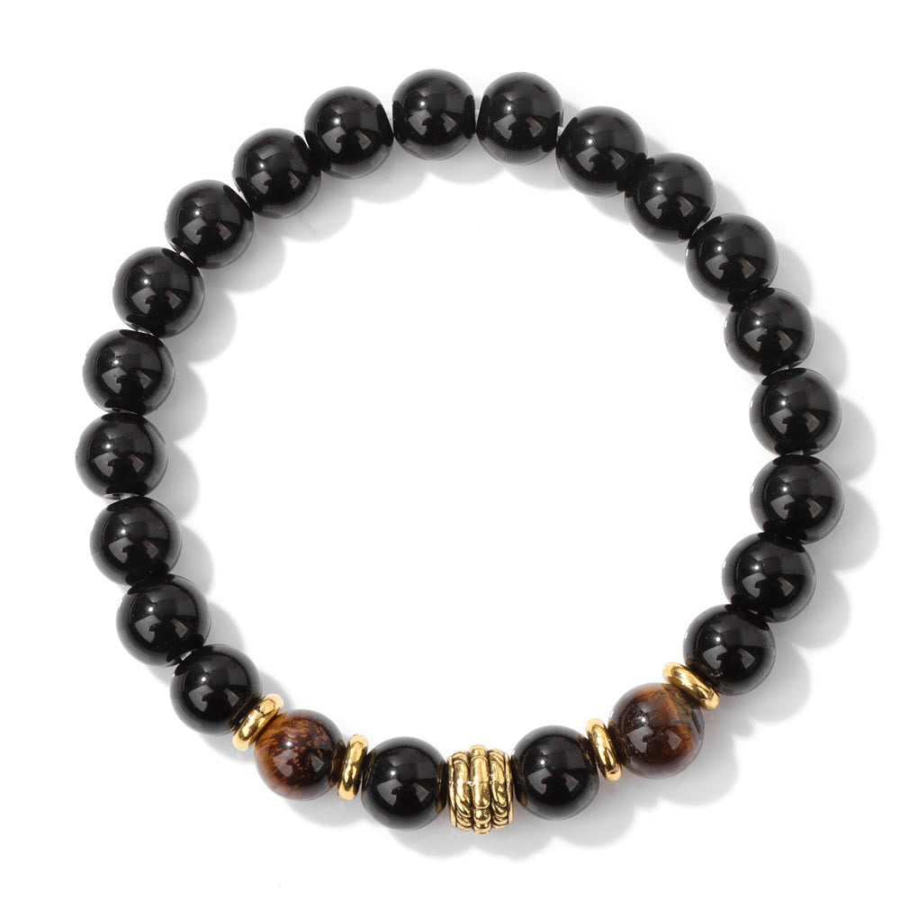 Olivenorma Verstellbares Perlenarmband aus natürlichem Obsidian und Tigerauge