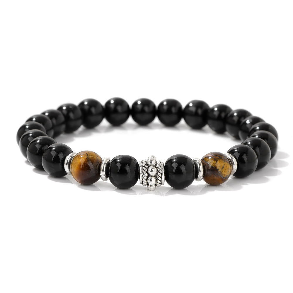 Olivenorma Verstellbares Perlenarmband aus natürlichem Obsidian und Tigerauge