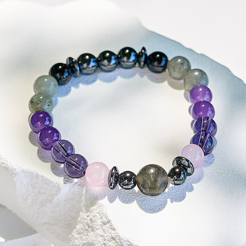 Olivenorma Labradorit Amethyst Rosenquarz Hämatit Perlenarmband