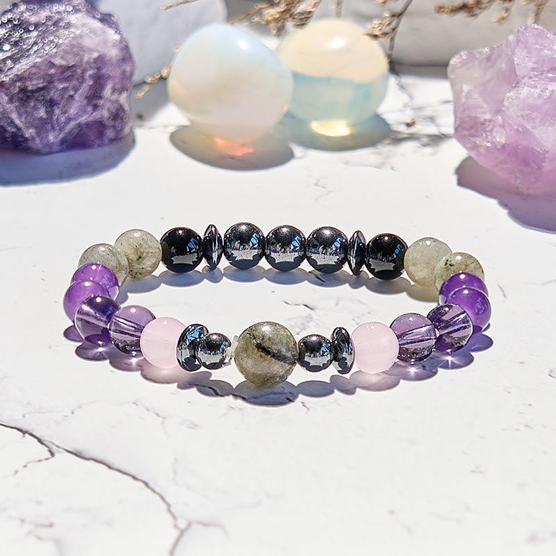 Olivenorma Labradorit Amethyst Rosenquarz Hämatit Perlenarmband