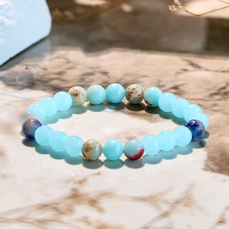 Olivenorma Armband mit Perlen aus natürlichem Agalmatolit und Aquamarin